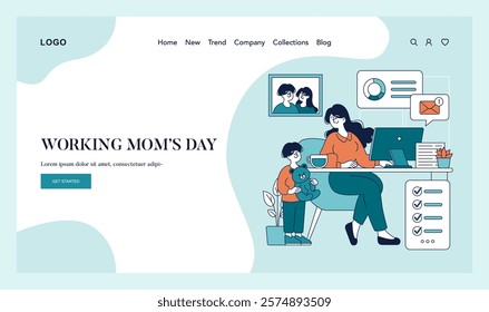 Working Mom Day concept. A multitasking mother balances work and childcare at home. Work-life integration, family bonding, and career commitment. Vector illustration.