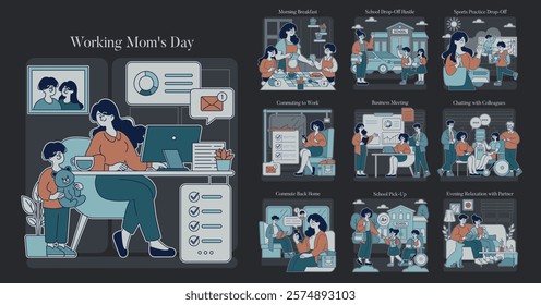 Working Mom Day concept. A series of moments showcasing a mother balancing work and family life, from morning breakfast to evening relaxation. Vector illustration.