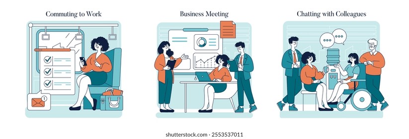 Working Mom Day set. Depiction of a mother's daily routine, from commuting to work to professional meetings and casual interactions with coworkers. Vector illustration.