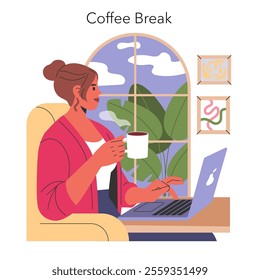 Working mom enjoying a coffee break at home office with laptop and comfortable chair by the window. Vector illustration.