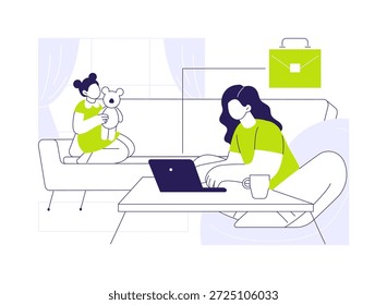 Working Mom einzelne Cartoon-Vektorgrafiken. Junge Mutter von zu Hause aus arbeiten, wenn ein Kind, Remote-Job, Freiberufler Lebensstil, digitale Nomaden, moderne aktive Mutterschaft Vektor Cartoon.