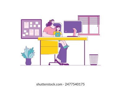 Working Mom with Kid Sitting on Her Lap While Online Meeting Flat Illustration