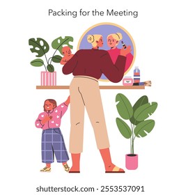 Working Mom Life concept. Balancing childcare and professional duties. Woman multitasking with child, preparing for work. Vector illustration.