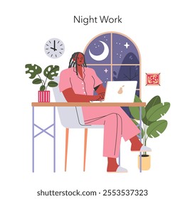 Working Mom Life concept. Balancing family and career demands, a woman works at night in a serene home office setting. Comfort, tenacity, and moonlight inspiration. Vector illustration.