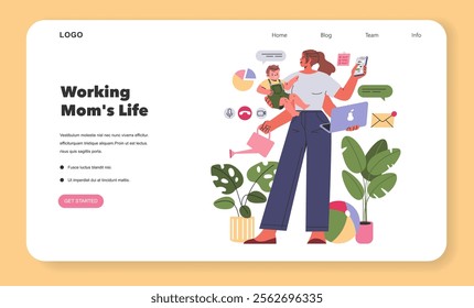 Working Mom Life concept. Illustration of a multitasking mother balancing work with childcare. Balancing career, domestic tasks, with motherhood. Vector illustration.