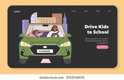 Working Mom Life concept. Mother driving child to school depicted in modern web banner design. Morning routine, family lifestyle, daily commute. Vector illustration.