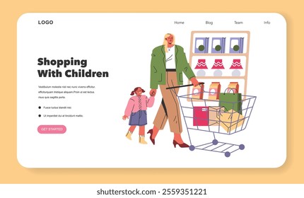 Working Mom Life concept. A mother and child grocery shopping, balancing parenting with daily tasks. Serene family routine, modern lifestyle choices. Vector illustration.