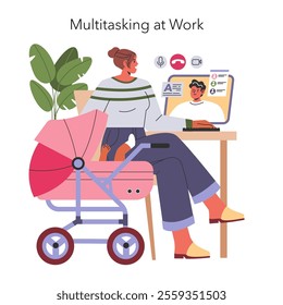 Working Mom Life concept. A mother balances professional duties and caring for her baby at her home office. Vector illustration.