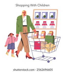 Working Mom Life concept. A mother shopping with her child, filling a cart with groceries. Nurturing family bond during daily errands. Vector illustration.