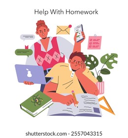 Working mom life concept. Multitasking mother assists with homework while managing work tasks. Balancing parenting and professional roles. Vector illustration.