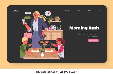 Working mom life concept. Multitasking mother prepares breakfast while managing work tasks, surrounded by her attentive children. Vector illustration.