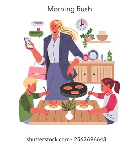 Working Mom Life concept. A multitasking mother prepares breakfast with her kids while managing work tasks on her smartphone. Vector illustration.