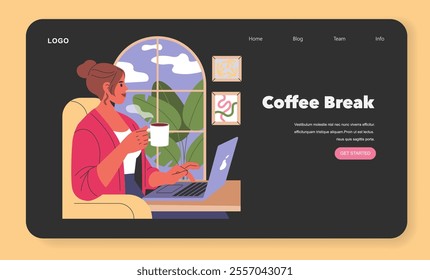 Working Mom Life concept. A woman enjoys a coffee break while working on a laptop at home, balancing work and relaxation. Vector illustration.