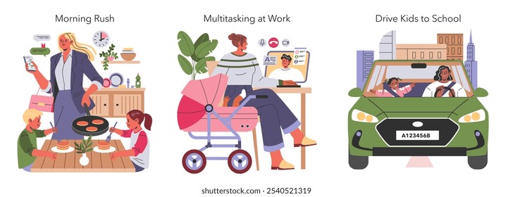 Working Mom Life set. Balancing family duties with career as mother manages morning routine, works from home, drives kids to school. Vector illustration.