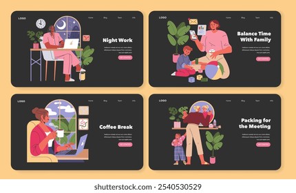 Working Mom Life set. Balancing professional tasks and family time. Late work, play with child, coffee break, preparing for meeting. Vector illustration.