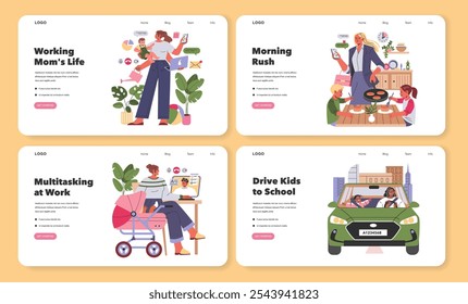 Working Mom Life set. Balancing work, home duties, and childcare. Morning routine, multitasking at the office, driving kids to school. Vector illustration.