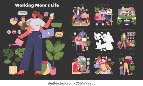 Working Mom Life set. From juggling work tasks and family care to night shifts and shopping with children, these illustrations capture the daily hustle. Vector illustration.