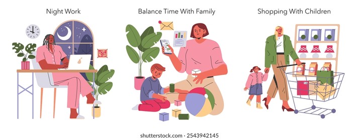 Working Mom Life set. A woman managing career, family, and errands with kids. Nighttime work, quality time, grocery shopping. Vector illustration.