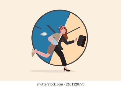 Working Mom Or Mother Work Life Balance, Parenting Employee Or Family Responsibility Concept, Busy Businesswoman With Baby In One Hand At Home And Working Briefcase In The Other Hand With Time Clock.