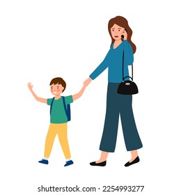 Working mom picking up her son from school in flat design on white background.