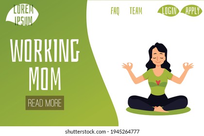 Working mom website banner with meditating woman, flat vector illustration.