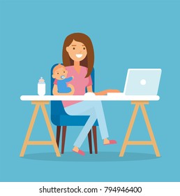 Working Mom - Young Woman Holding A Baby Working At A Desk With Laptop. Vector Illustration In Flat Style