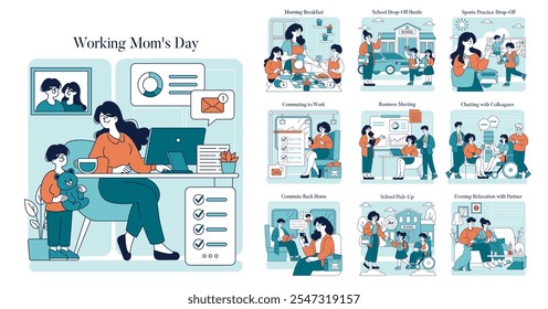 Working Mom's Day set. Illustration of a multitasking mother balancing work, home, and parenting. Daily routine from breakfast to relaxation. Vector illustration.