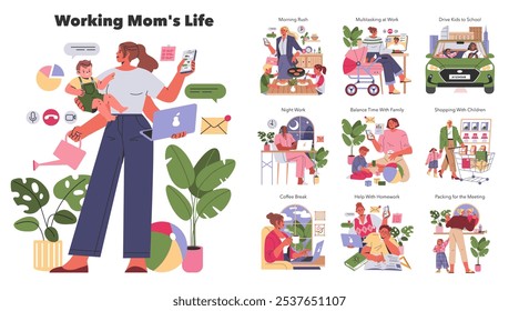 Working Mom's Life set. Illustrating daily tasks from morning rush to night work alongside family moments. Nurturing, multitasking, and balancing work-life. Vector illustration.