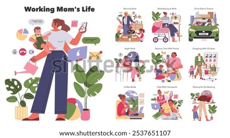 Working Mom's Life set. Illustrating daily tasks from morning rush to night work alongside family moments. Nurturing, multitasking, and balancing work-life. Vector illustration.