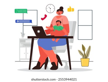 Working Mom's Life Vector Illustration Featuring a Mother Balancing Work and Childcare at Home, Multitasking in a Flat Style Cartoon Background