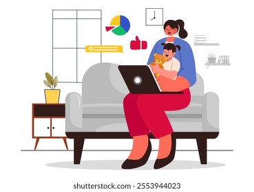 Working Mom's Life Vector Illustration Featuring a Mother Balancing Work and Childcare at Home, Multitasking in a Flat Style Cartoon Background