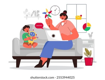 Working Mom's Life Vector Illustration Featuring a Mother Balancing Work and Childcare at Home, Multitasking in a Flat Style Cartoon Background