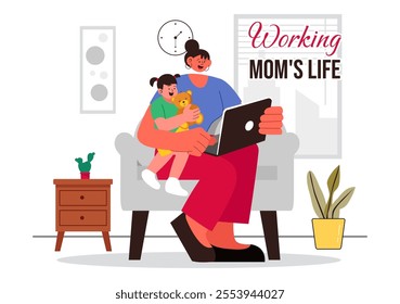 Working Mom's Life Vector Illustration Featuring a Mother Balancing Work and Childcare at Home, Multitasking in a Flat Style Cartoon Background