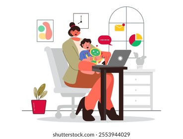 Working Mom's Life Vector Illustration Featuring a Mother Balancing Work and Childcare at Home, Multitasking in a Flat Style Cartoon Background