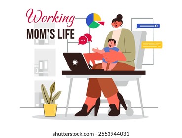 Working Mom's Life Vector Illustration Featuring a Mother Balancing Work and Childcare at Home, Multitasking in a Flat Style Cartoon Background