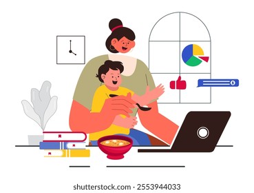 Working Mom's Life Vector Illustration Featuring a Mother Balancing Work and Childcare at Home, Multitasking in a Flat Style Cartoon Background