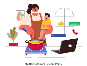 Working Mom's Life Vector Illustration Featuring a Mother Balancing Work and Childcare at Home, Multitasking in a Flat Style Cartoon Background