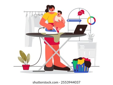 Working Mom's Life Vector Illustration Featuring a Mother Balancing Work and Childcare at Home, Multitasking in a Flat Style Cartoon Background