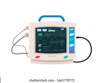 Working monitor for medical equipment flat design. Life-supporting appliance. Digital device for vital signs monitoring. ECG machine displaying heartbeat, pulse, pressure. Vector illustration