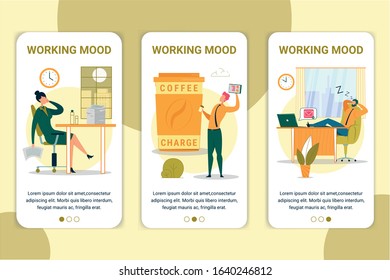 Working Mood Vector Onboarding App Screen Template. Corporate Attitude Mobile Website, Application Walkthrough with Flat Characters. Exhausted, Energetic and Sleeping Workers App Pages Concept