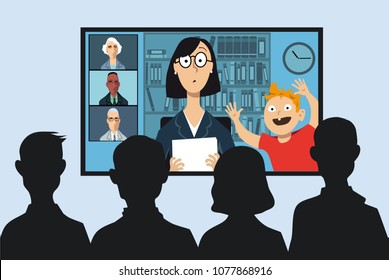 Working mother attending a business video conference from her house, her little son interrupting, EPS 8 vector illustration