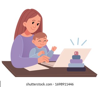 Working mother baby boy and laptop .Young woman with baby working in office . freelance and motherhood 
