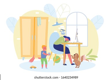 Working Mother Can Not Fully Work At Home Banner. Mother Lay Down At Table, Her Son Plays With Helicopter And Holds It Over Her Head, Dog Under Table Asks Mistress Pay Attention To It.