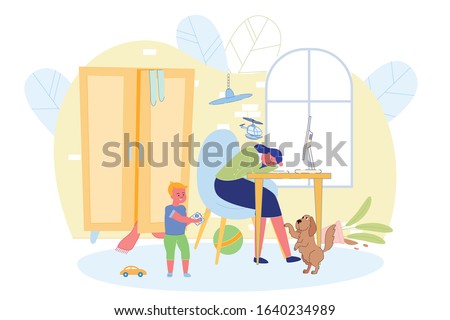 Working Mother can not Fully Work at Home Banner. Mother Lay Down at Table, her Son Plays with Helicopter and Holds it Over her Head, Dog under Table Asks Mistress Pay Attention to it.