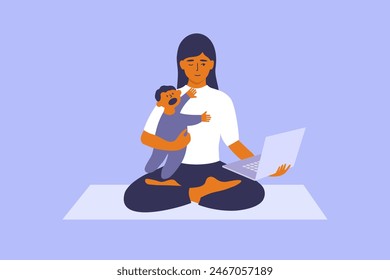 Working mother with crying baby. Female meditating on yoga mat holding small child and laptop in hand. Work life balance of woman on maternity leave. Young mom healthy wellbeing vector illustration