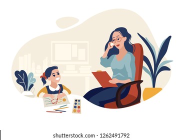 Working mother with daughter flat vector illustration. Career mum. Busy mummy. Work at home mom. Kid drawing at parent office. Woman talking on phone. Businesswoman cartoon color character