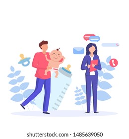 Working mother and father with baby. Vector concept illustration.