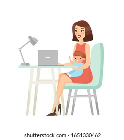 Working mother flat vector illustration. Businesswoman, female office manager with kid. Busy mom, young woman working on computer and baby cartoon characters isolated on white background