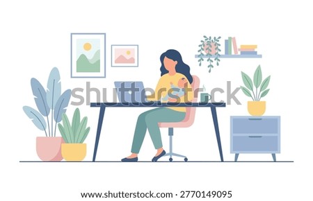 Working mother holding a baby while typing on a laptop at a home office desk with indoor plants and decor.
