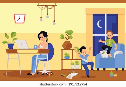 Working mother and noisy children disturbing her, flat vector illustration. Daily difficulties and troubles of woman raising kids and working from home.